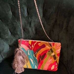 Colorful Floral Tassel Crossbody Bag - Pink Multi